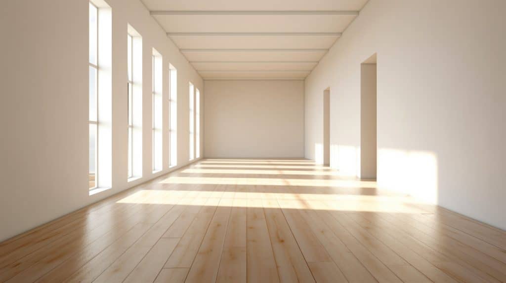 Salon lumineux avec parquet bois beige et murs blancs – Caen